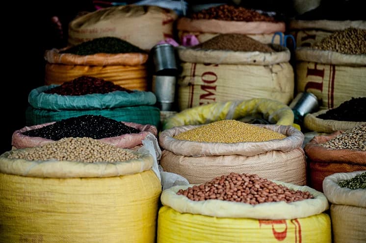 Sacks of Nigerian agricultural commodities staged for export loading